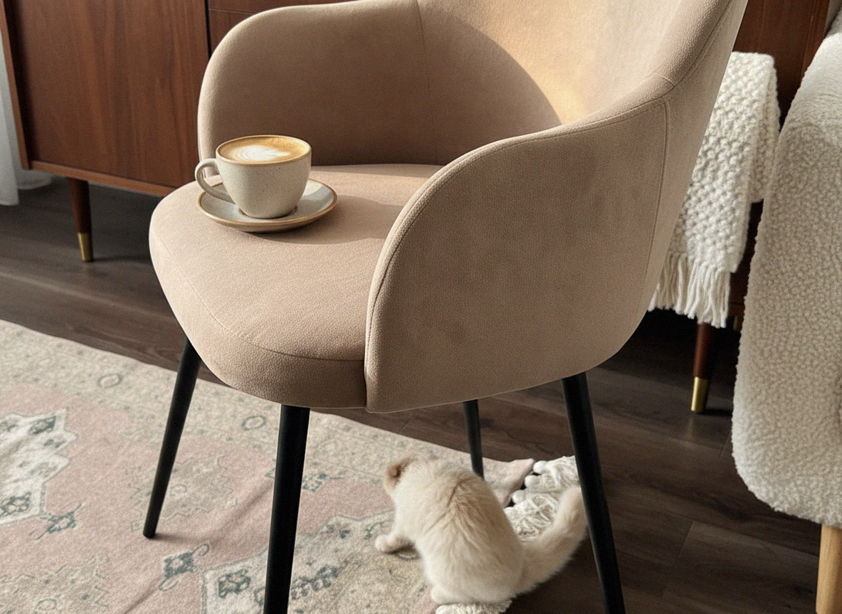 Кухня-гостиная в тёплых нейтральных тонах, четыре стула вокруг стола, стулья для кухни-гостиной, единый стиль
