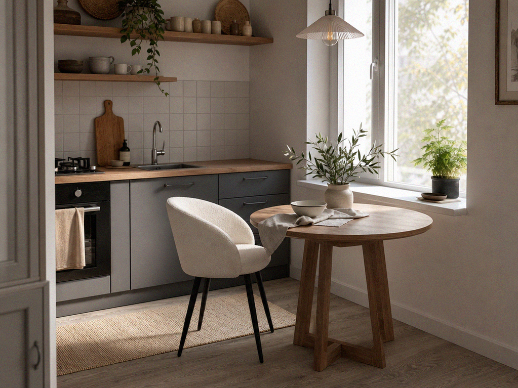Небольшая кухня с одним стулом у столика, натуральные материалы и мягкий свет