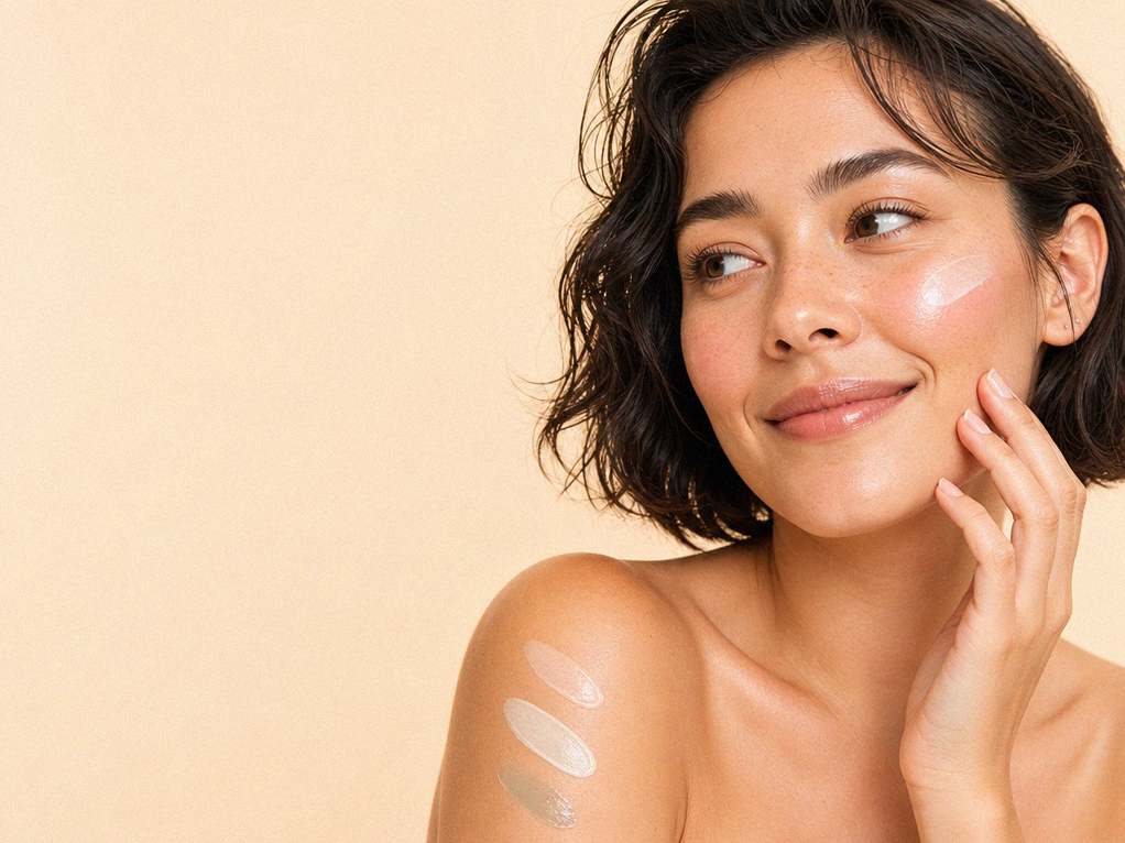 Женщина с кремом на лице и плечах, символизирующая пробиотики для восстановления кожного барьера